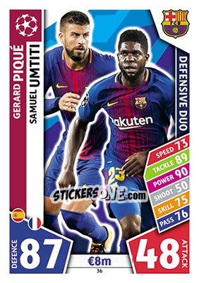 Sticker Gerard Piqué / Samuel Umtiti - UEFA Champions League 2017-2018. Match Attax n. 36 - Topps