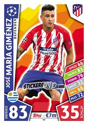 Sticker José María Giménez - UEFA Champions League 2017-2018. Match Attax n. 42 - Topps