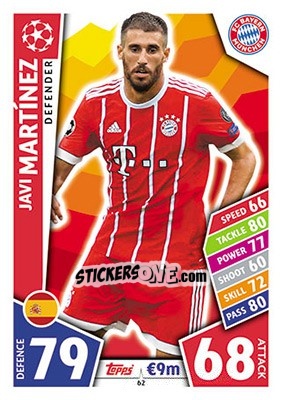 Sticker Javi Martínez - UEFA Champions League 2017-2018. Match Attax n. 62 - Topps