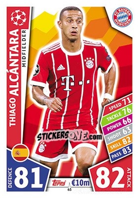 Sticker Thiago Alcántara - UEFA Champions League 2017-2018. Match Attax n. 63 - Topps