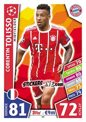Sticker Corentin Tolisso - UEFA Champions League 2017-2018. Match Attax n. 64 - Topps