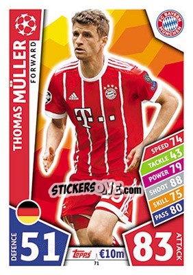 Sticker Thomas Müller - UEFA Champions League 2017-2018. Match Attax n. 71 - Topps