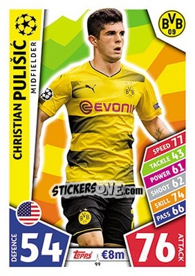 Sticker Christian Pulišic - UEFA Champions League 2017-2018. Match Attax n. 99 - Topps