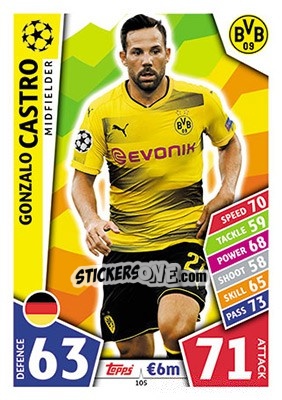 Sticker Gonzalo Castro - UEFA Champions League 2017-2018. Match Attax n. 105 - Topps
