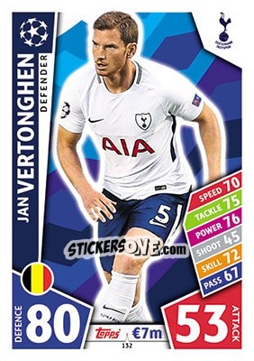 Sticker Jan Vertonghen - UEFA Champions League 2017-2018. Match Attax n. 132 - Topps