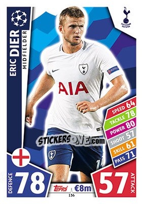 Sticker Eric Dier - UEFA Champions League 2017-2018. Match Attax n. 136 - Topps