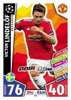 Sticker Victor Lindelöf - UEFA Champions League 2017-2018. Match Attax n. 150 - Topps