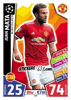 Sticker Juan Mata - UEFA Champions League 2017-2018. Match Attax n. 158 - Topps