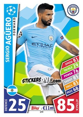 Sticker Sergio Agüero - UEFA Champions League 2017-2018. Match Attax n. 179 - Topps