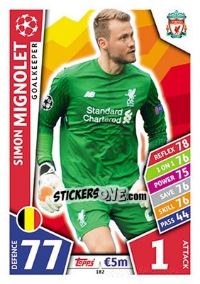 Sticker Simon Mignolet - UEFA Champions League 2017-2018. Match Attax n. 182 - Topps