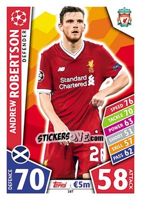 Sticker Andrew Robertson - UEFA Champions League 2017-2018. Match Attax n. 187 - Topps