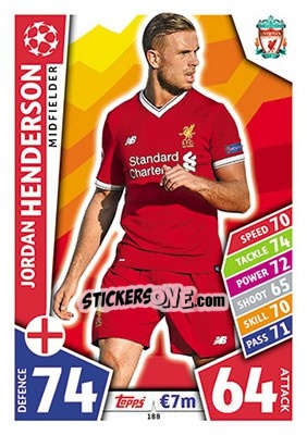 Sticker Jordan Henderson - UEFA Champions League 2017-2018. Match Attax n. 188 - Topps