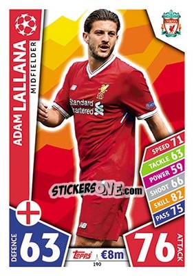 Sticker Adam Lallana - UEFA Champions League 2017-2018. Match Attax n. 190 - Topps