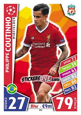 Sticker Philippe Coutinho - UEFA Champions League 2017-2018. Match Attax n. 192 - Topps