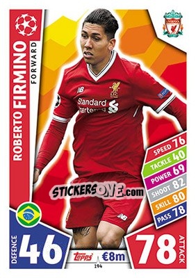Sticker Roberto Firmino - UEFA Champions League 2017-2018. Match Attax n. 194 - Topps