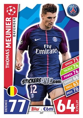 Sticker Thomas Meunier - UEFA Champions League 2017-2018. Match Attax n. 257 - Topps