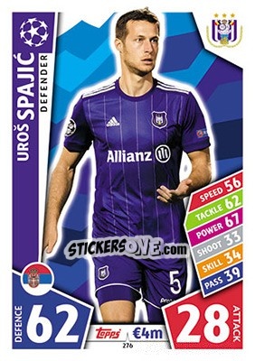 Sticker Uroš Spajic - UEFA Champions League 2017-2018. Match Attax n. 276 - Topps