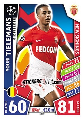 Sticker Youri Tielemans - UEFA Champions League 2017-2018. Match Attax n. NS10 - Topps