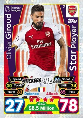 Sticker Olivier Giroud - English Premier League 2017-2018. Match Attax - Topps
