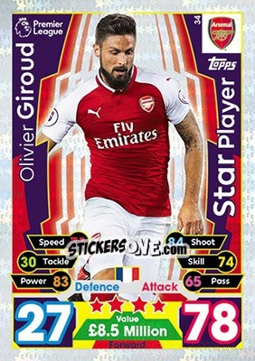 Sticker Olivier Giroud - English Premier League 2017-2018. Match Attax n. 34 - Topps