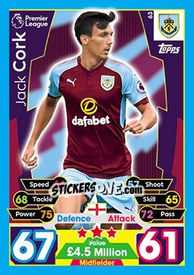 Figurina Jack Cork - English Premier League 2017-2018. Match Attax - Topps