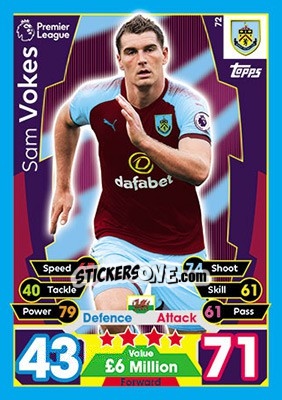 Sticker Sam Vokes - English Premier League 2017-2018. Match Attax - Topps