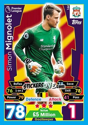 Sticker Simon Mignolet - English Premier League 2017-2018. Match Attax n. 164 - Topps