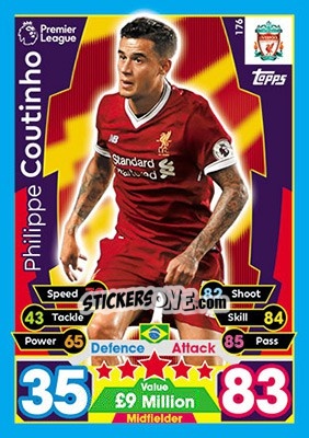 Sticker Philippe Coutinho - English Premier League 2017-2018. Match Attax n. 176 - Topps