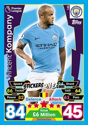 Sticker Vincent Kompany - English Premier League 2017-2018. Match Attax n. 185 - Topps