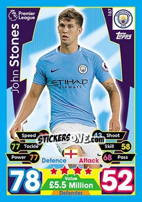 Sticker John Stones - English Premier League 2017-2018. Match Attax n. 187 - Topps