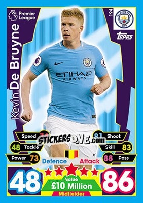Sticker Kevin De Bruyne - English Premier League 2017-2018. Match Attax n. 194 - Topps