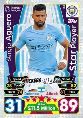 Sticker Sergio Aguero - English Premier League 2017-2018. Match Attax n. 198 - Topps