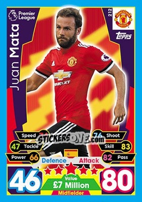 Sticker Juan Mata - English Premier League 2017-2018. Match Attax n. 212 - Topps