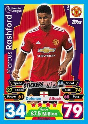 Sticker Marcus Rashford - English Premier League 2017-2018. Match Attax n. 214 - Topps