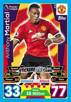 Sticker Anthony Martial - English Premier League 2017-2018. Match Attax n. 216 - Topps