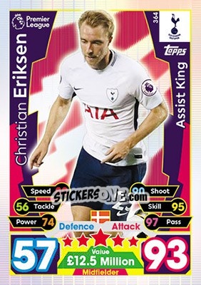 Sticker Christian Eriksen - English Premier League 2017-2018. Match Attax n. 364 - Topps