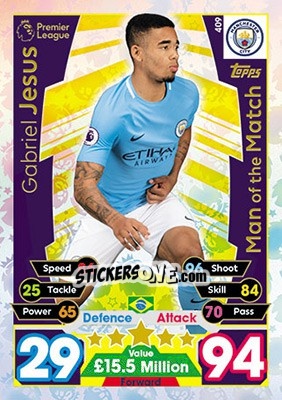 Sticker Gabriel Jesus - English Premier League 2017-2018. Match Attax n. 409 - Topps