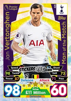 Sticker Jan Vertonghen - English Premier League 2017-2018. Match Attax n. 425 - Topps