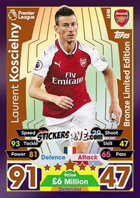 Sticker Laurent Koscielny - English Premier League 2017-2018. Match Attax n. LE4B - Topps