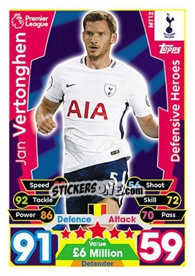 Sticker Jan Vertonghen - English Premier League 2017-2018. Match Attax n. MT12 - Topps