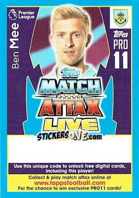 Sticker Ben Mee - English Premier League 2017-2018. Match Attax - Topps