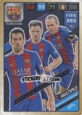 Sticker Sergio Busquets / Ivan Rakitic / Andrés Iniesta - FIFA 365: 2017-2018. Adrenalyn XL - Nordic edition n. 445 - Panini