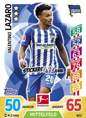 Sticker Valentino Lazaro - German Fussball Bundesliga 2017-2018. Match Attax Extra n. 422 - Topps