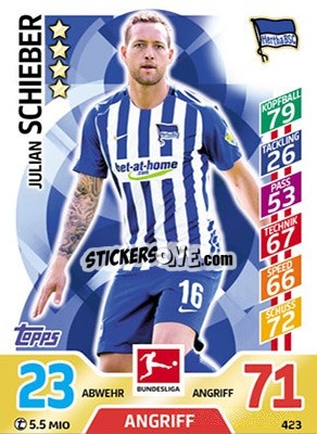 Sticker Julian Schieber - German Fussball Bundesliga 2017-2018. Match Attax Extra n. 423 - Topps