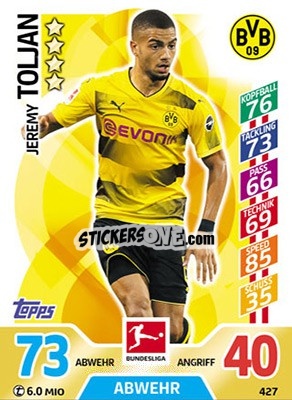Sticker Jeremy Toljan - German Fussball Bundesliga 2017-2018. Match Attax Extra - Topps