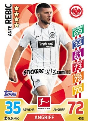 Sticker Ante Rebic - German Fussball Bundesliga 2017-2018. Match Attax Extra n. 432 - Topps