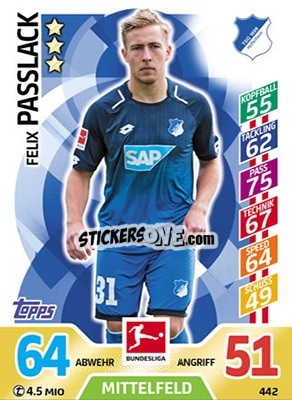 Sticker Felix Passlack - German Fussball Bundesliga 2017-2018. Match Attax Extra n. 442 - Topps