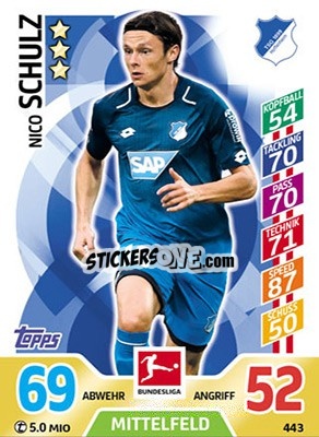 Sticker Nico Schulz - German Fussball Bundesliga 2017-2018. Match Attax Extra n. 443 - Topps