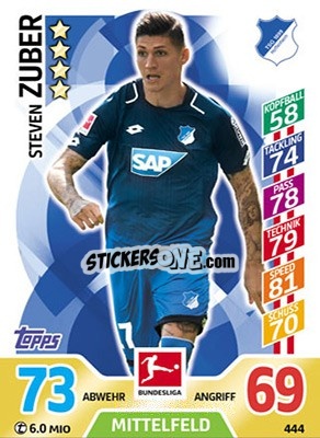 Sticker Steven Zuber - German Fussball Bundesliga 2017-2018. Match Attax Extra n. 444 - Topps