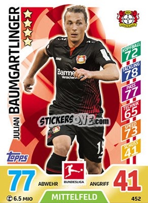 Sticker Julian Baumgartlinger - German Fussball Bundesliga 2017-2018. Match Attax Extra n. 452 - Topps